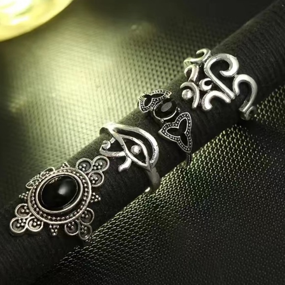 Boho Vintage Black Gemstone Geometric Ring Set 13pc - Picture 5 of 6